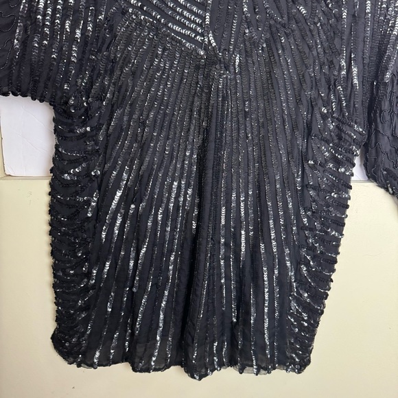 Frank Usher Vintage 1980 100% Silk Sequin Beaded Top Evening Crew Lined Black L - Picture 6 of 16